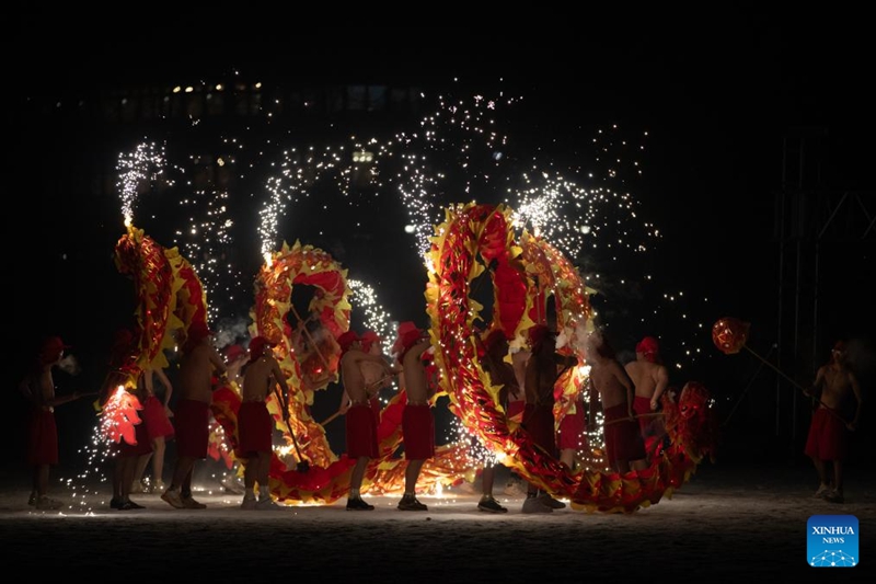 Pelancong Nikmati Pertunjukan Tarian Naga Api di Harbin